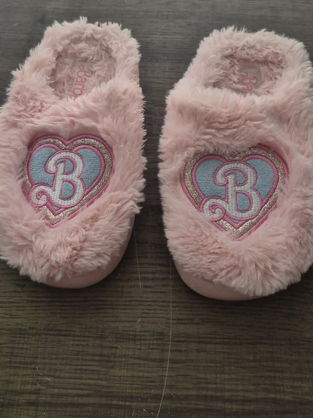 Barbie Pink Fuzzy Heart Slip-On Slippers Size 11/12
